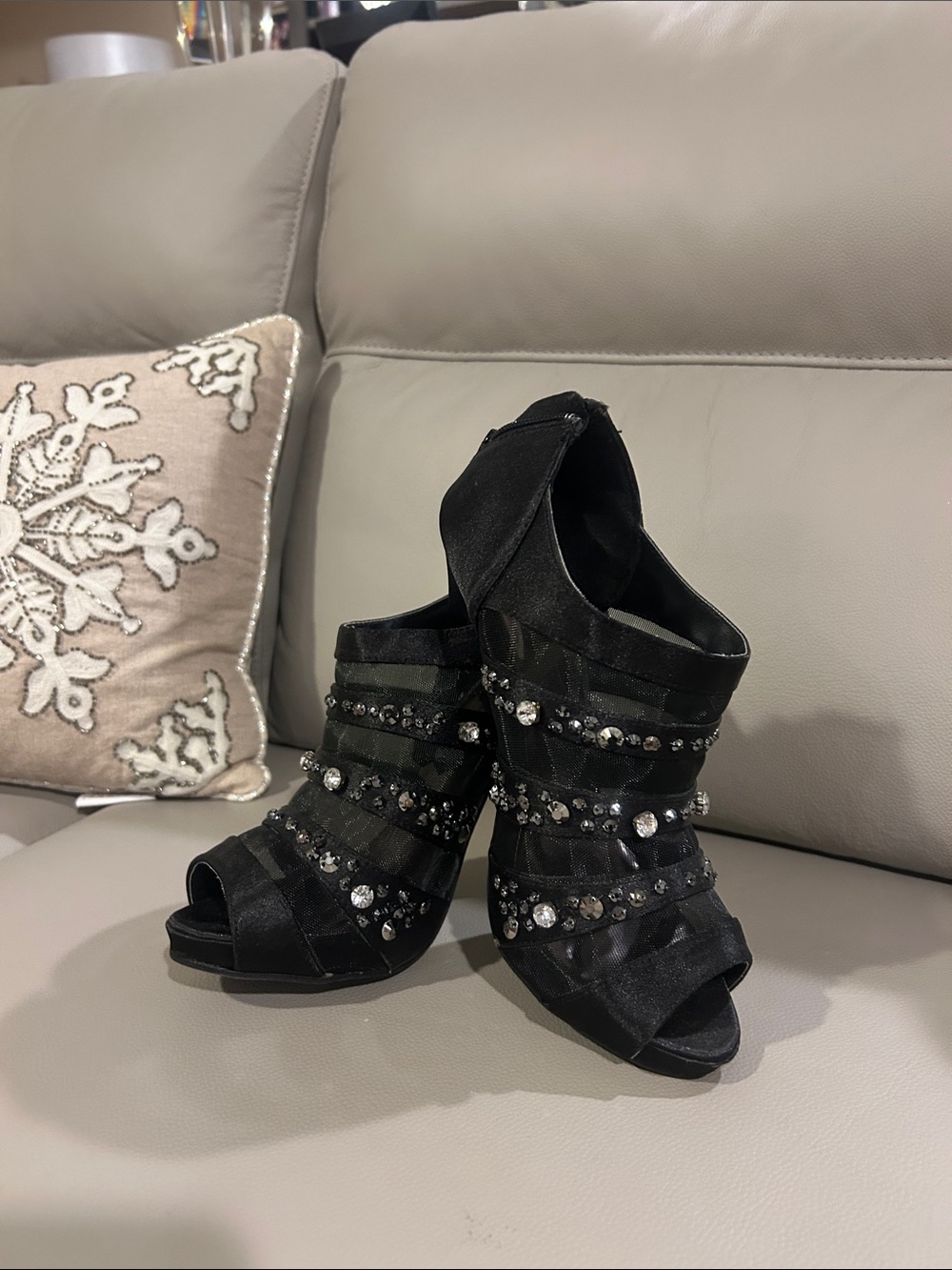 Elegant Black Jeweled Peep-Toe Heels - Women Shoes